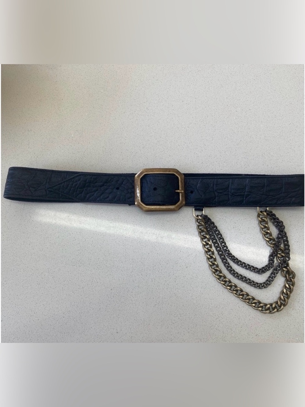 JJ Winters Black Leather Triple Brass Chain Accent Belt NWT